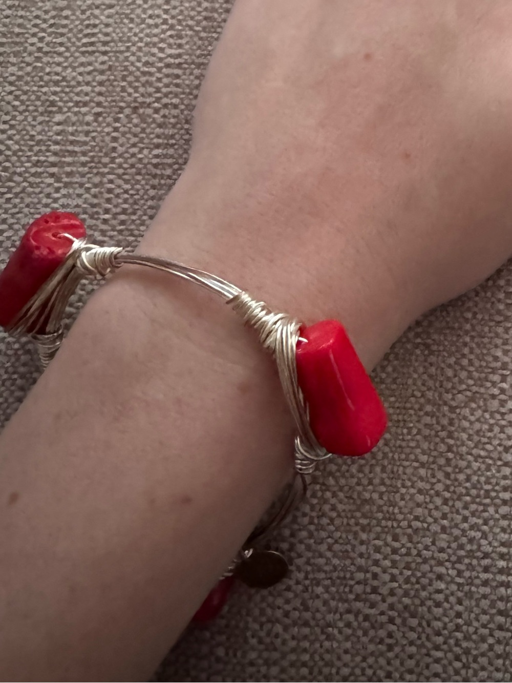 Silver Wire-Wrapped Bracelet with Red Stone Accents